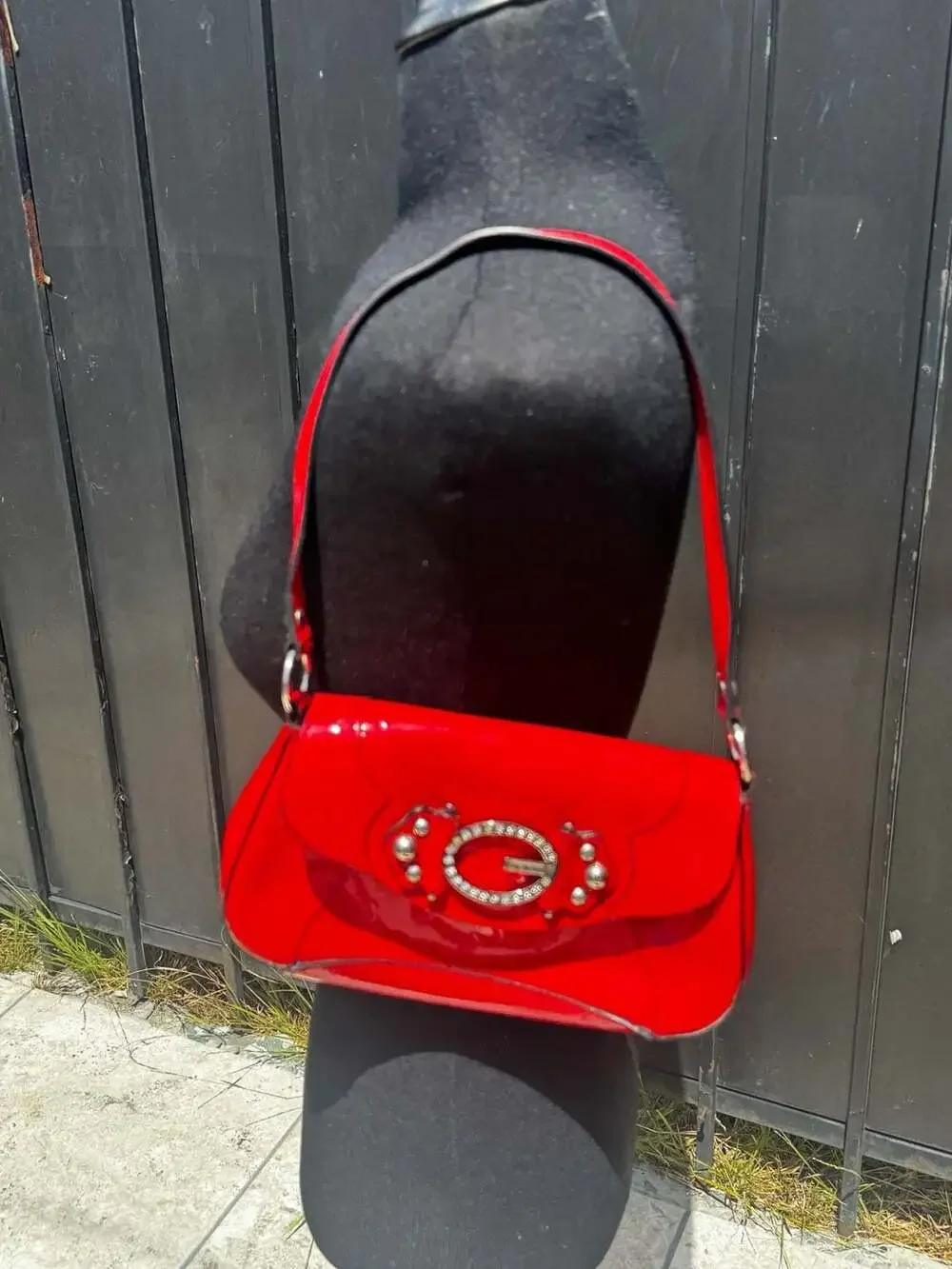 Guess Red Patent Leather Shoulder Bag with Rhinestone Logo Hardware
